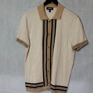Express Cream Knit Short-Sleeve Button Cardigan with Tan and Black Stripes
